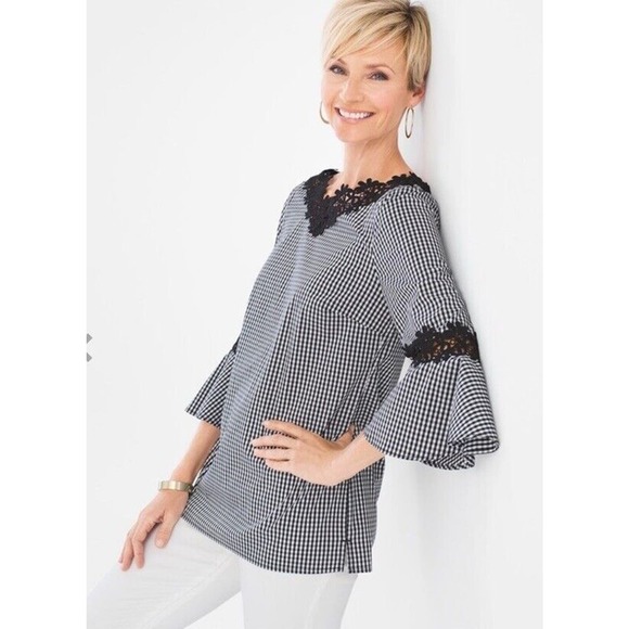 Chico's Tops - Chicos Women’s Gingham Bell Sleeve Tunic With Black Lace Detail Size XL